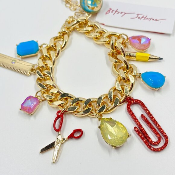 NWT Betsey Johnson School Charm Bracelet Gold Teacher Jewelry Ruler Pencil Globe - Picture 5 of 5